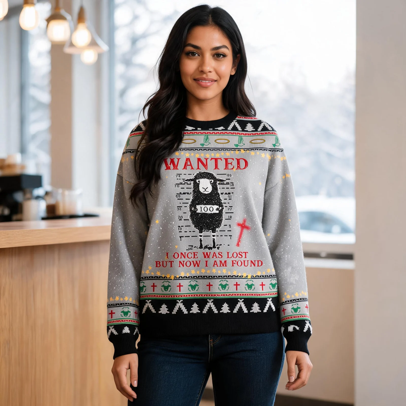 Sheep Wanted 100 Ugly Christmas Sweater Animal Themed Winter Apparel Sheep Wanted 100 Ugly Christmas Sweater Animal Themed Winter Apparel worn by a model