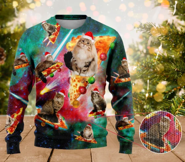 siberian forest cat pizza ugly sweater funniest ugliest christmas.webp