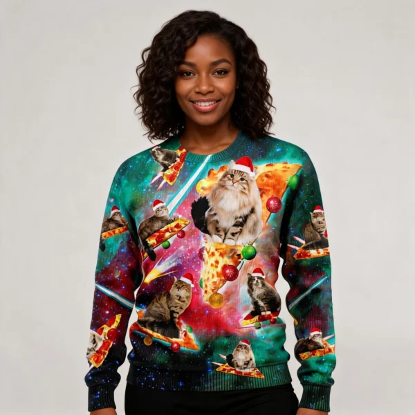 Siberian Forest Cat Pizza Ugly Sweater Funniest Ugliest Christmas worn by a model