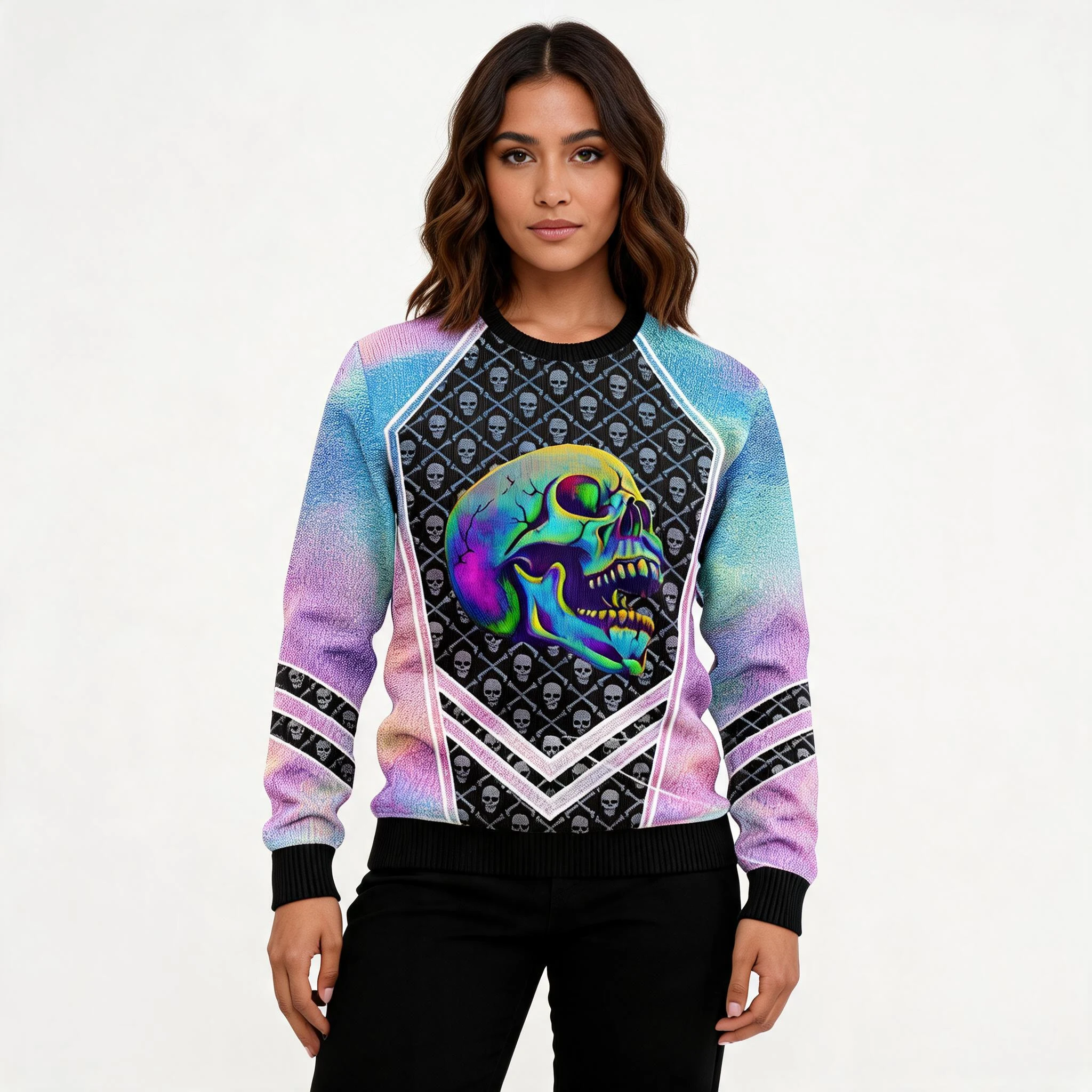 Skull Hologram Ugly Christmas Sweater Gothic D Skull Hologram Ugly Christmas Sweater Gothic D