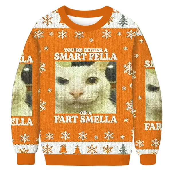 smart fella or fart smella cat christmas ugly sweater winter clothing.webp