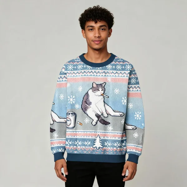 Smoking Cat Funny Meme Christmas Ugly Sweater Christmas Outfits Best worn by a model