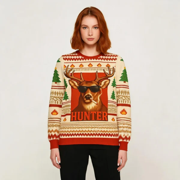 Smoking Deer Hunter Christmas Ugly Sweater Chr