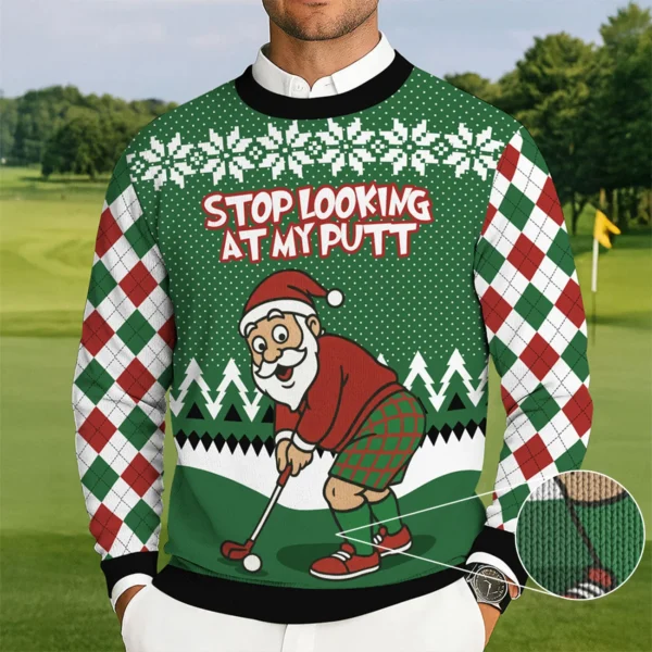 stop looking at my putt ugly christmas sweater funny santa christmas.webp