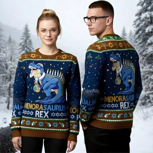 t rex dinosaur hanukkah ugly christmas sweater animal themed festive.webp