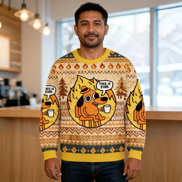 This Is Fine Dog On Fire Ugly Sweater Funny Animal Sweater Dog Lover worn by a model