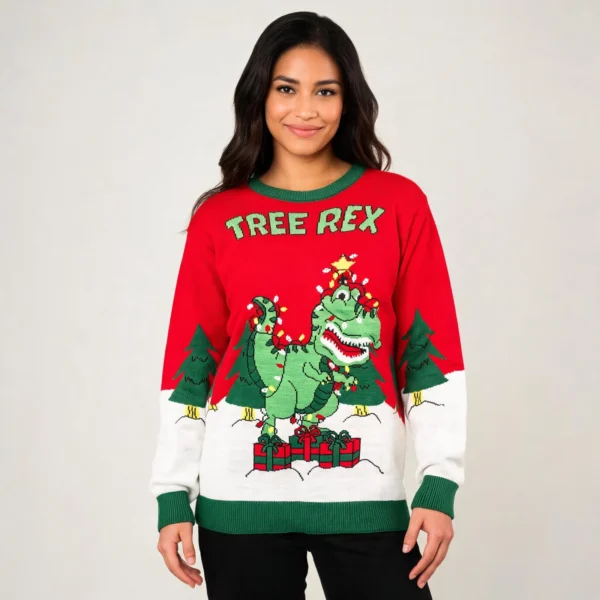 Tree Rex Light Up T-Rex Ugly Christmas Hilarious Ugly Christmas worn by a model