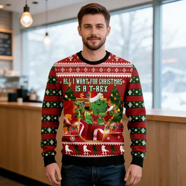 Trex Christmas Gift Ugly Christmas Sweater Winter Clothes Christmas worn by a model