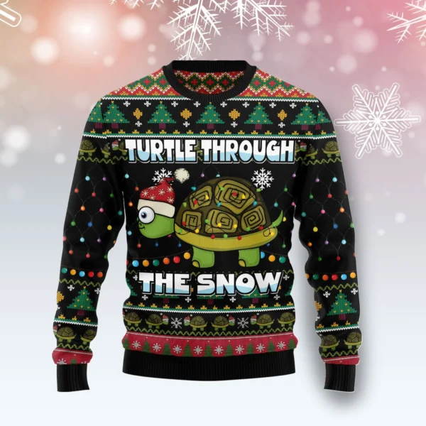 turtle through the snow ugly christmas sweater festive clothing.webp