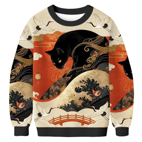 ukiyo e black cat ugly christmas sweater vinatge style winter apparel.webp