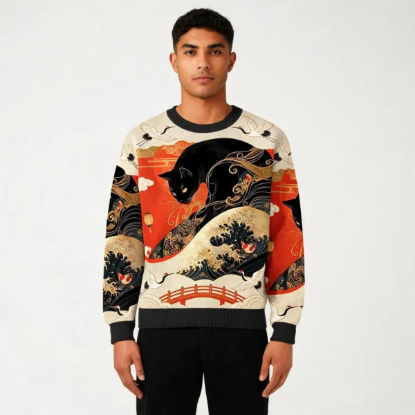 Ukiyo E Black Cat Ugly Christmas Sweater Vinat
