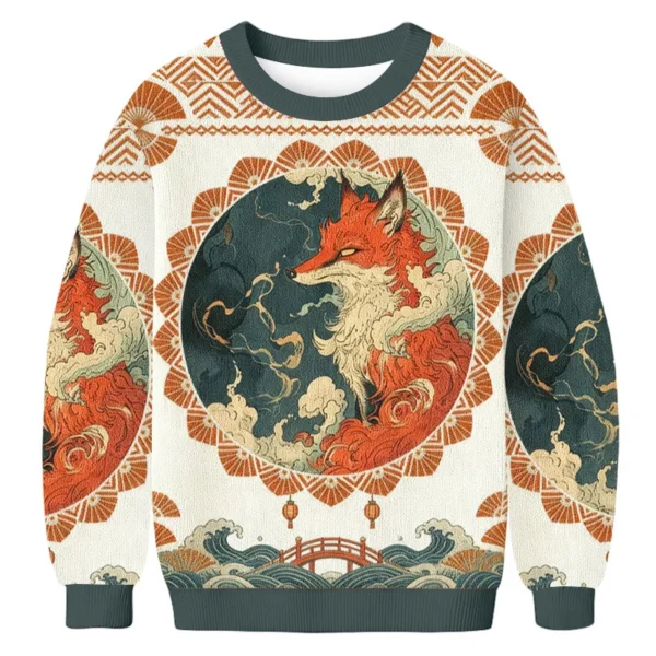 ukiyo e fox ugly christmas sweater japanese art christmas apparel fox.webp