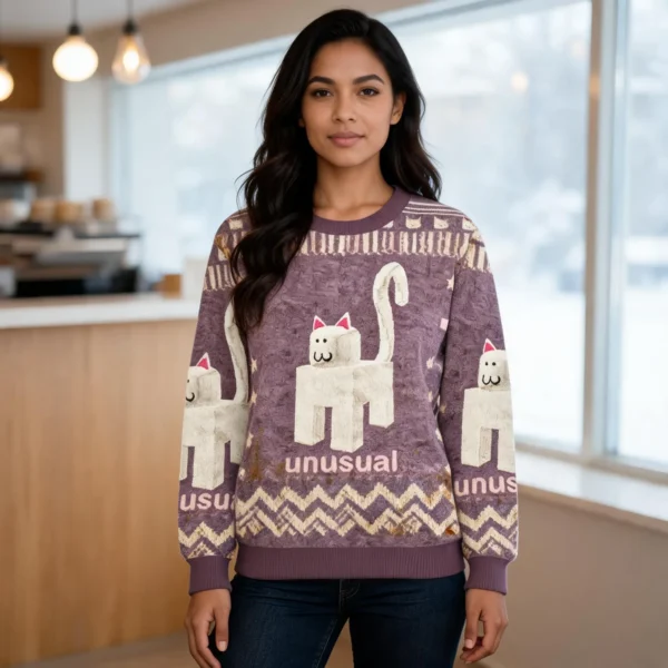 Unusual Robot Cat Ugly Sweater Animal Themed Winter Apparel Xmas Gift worn by a model