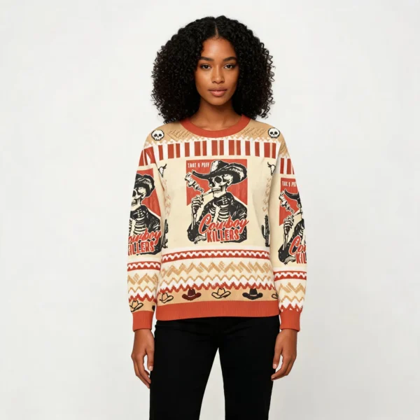 Western Smoking Skeleton Ugly Sweater Holiday