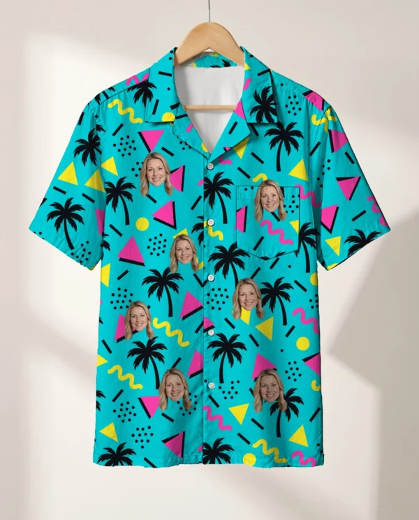 80s Memphis Ugly Hawaiian Shirt personalized with faces, on a hanger