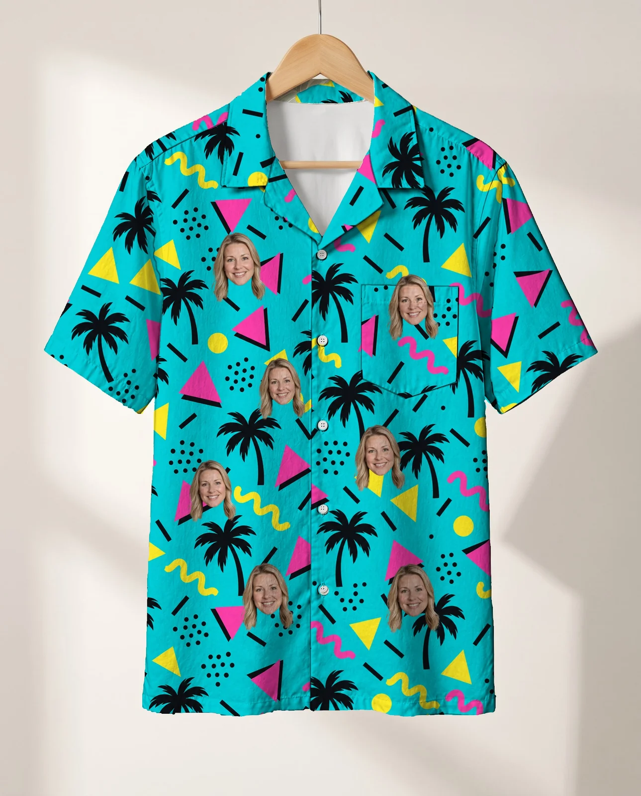 80s Memphis Ugly Hawaiian Shirt personalized with faces, on a hanger 80s Memphis Ugly Hawaiian Shirt personalized with faces, on a hanger