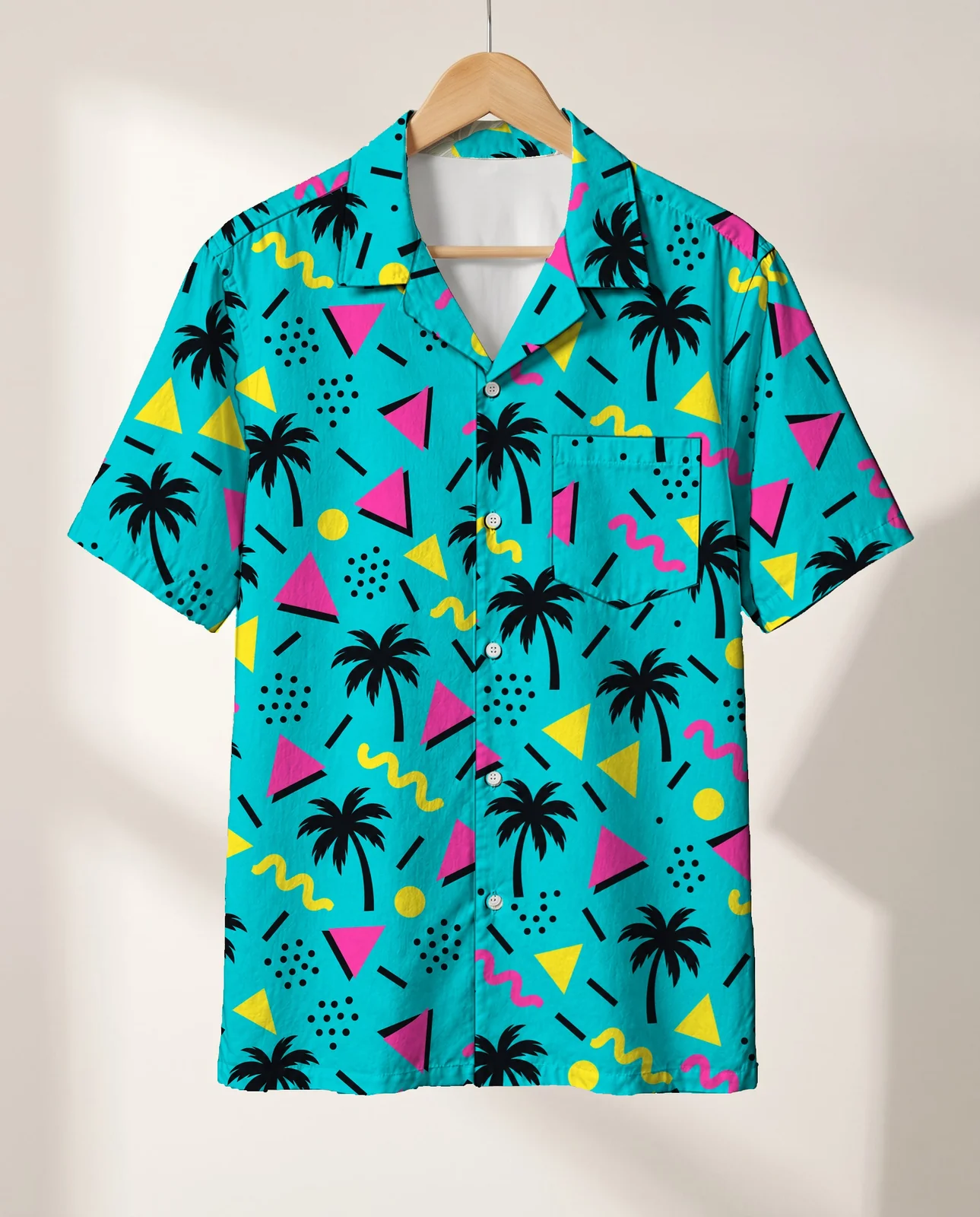80s Memphis Ugly Hawaiian Shirt on a hanger 80s Memphis Ugly Hawaiian Shirt on a hanger