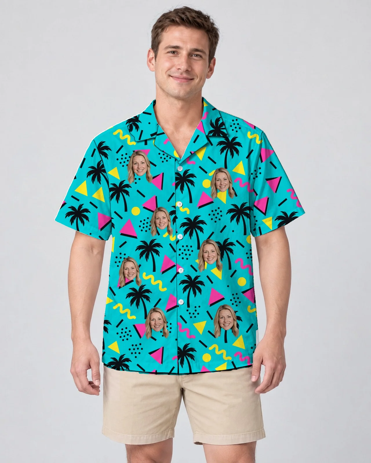 Man wearing the 80s Memphis Ugly Hawaiian Shirt with custom faces Man wearing the 80s Memphis Ugly Hawaiian Shirt with custom faces