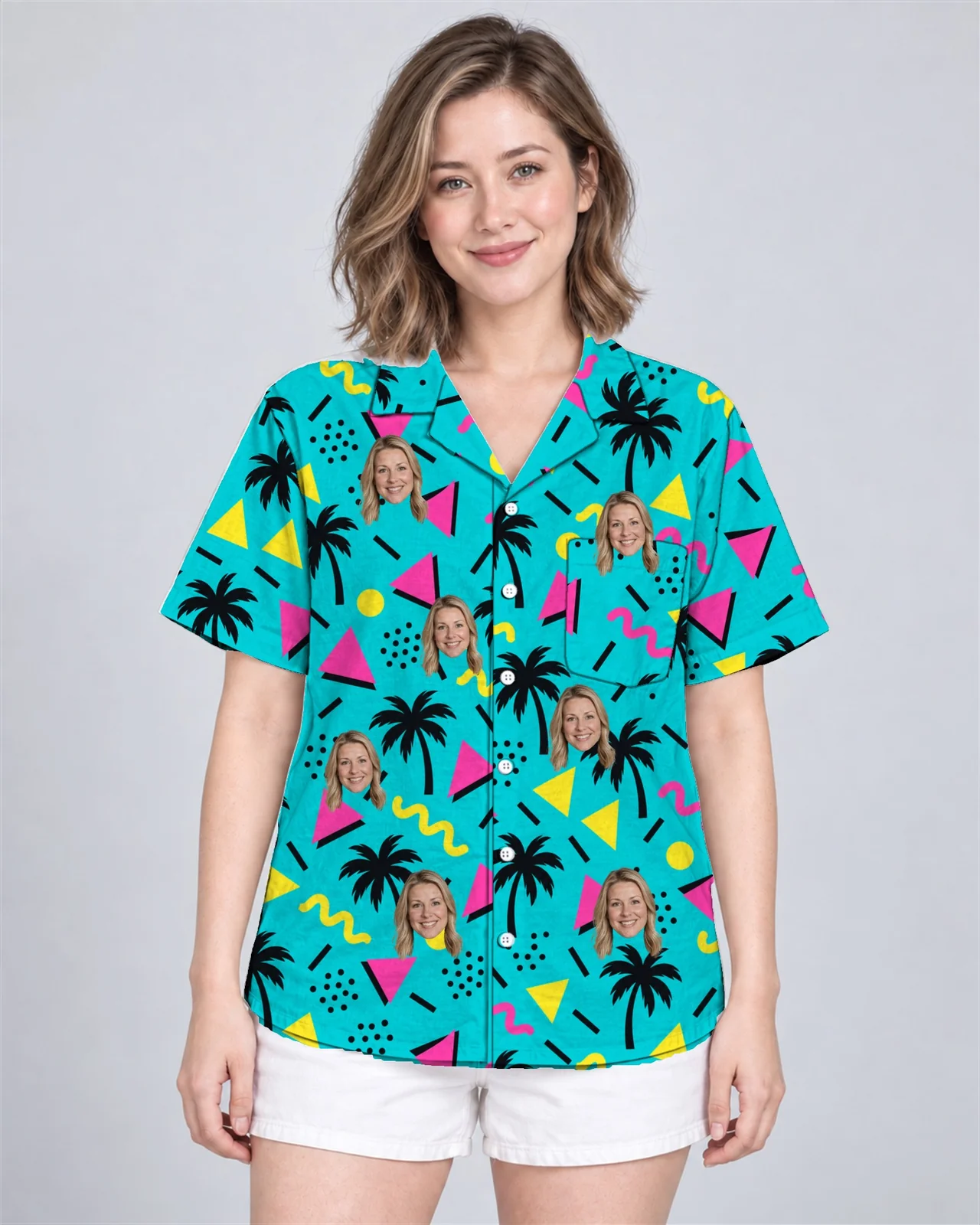 Woman wearing the 80s Memphis Ugly Hawaiian Shirt with custom faces Woman wearing the 80s Memphis Ugly Hawaiian Shirt with custom faces