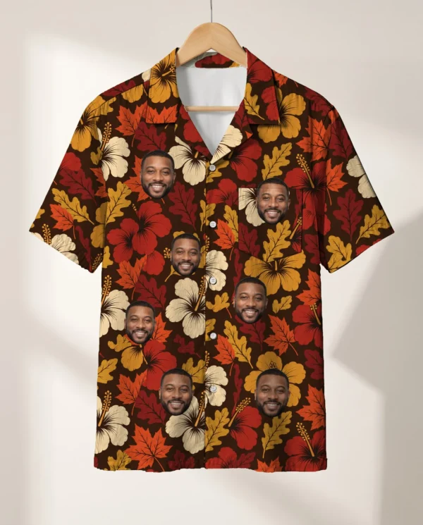 Autumn Leaves Hibiscus Thanksgiving Hawaiian Shirt personalized with faces, on a hanger