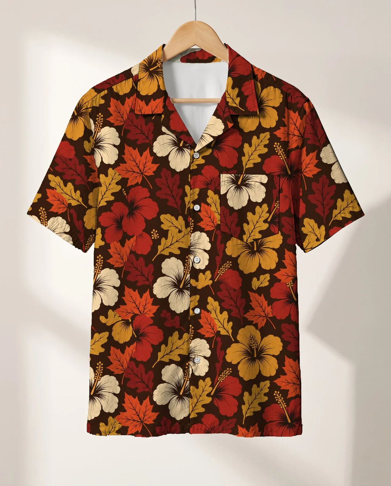 Autumn Leaves Hibiscus Thanksgiving Hawaiian Shirt on a hanger Autumn Leaves Hibiscus Thanksgiving Hawaiian Shirt on a hanger