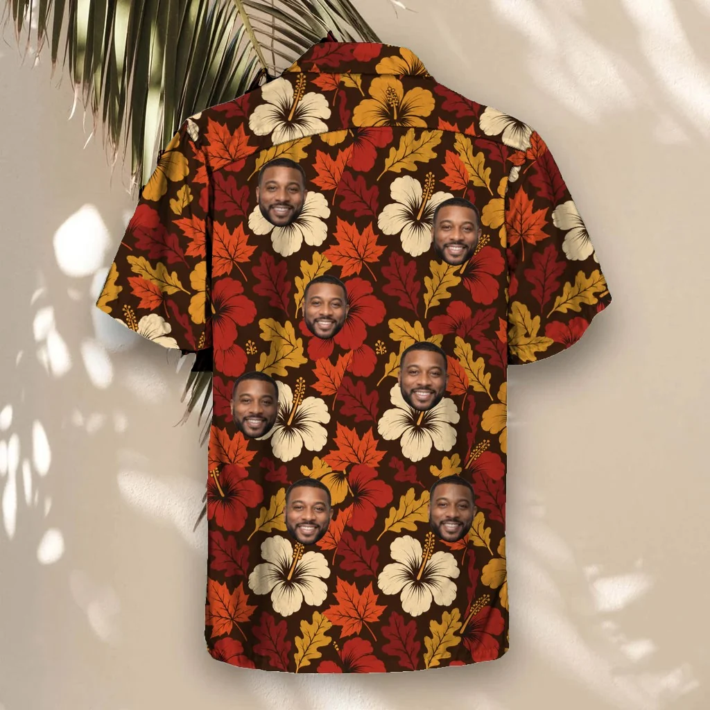 Back of the Autumn Leaves Hibiscus Thanksgiving Hawaiian Shirt with custom faces Back of the Autumn Leaves Hibiscus Thanksgiving Hawaiian Shirt with custom faces