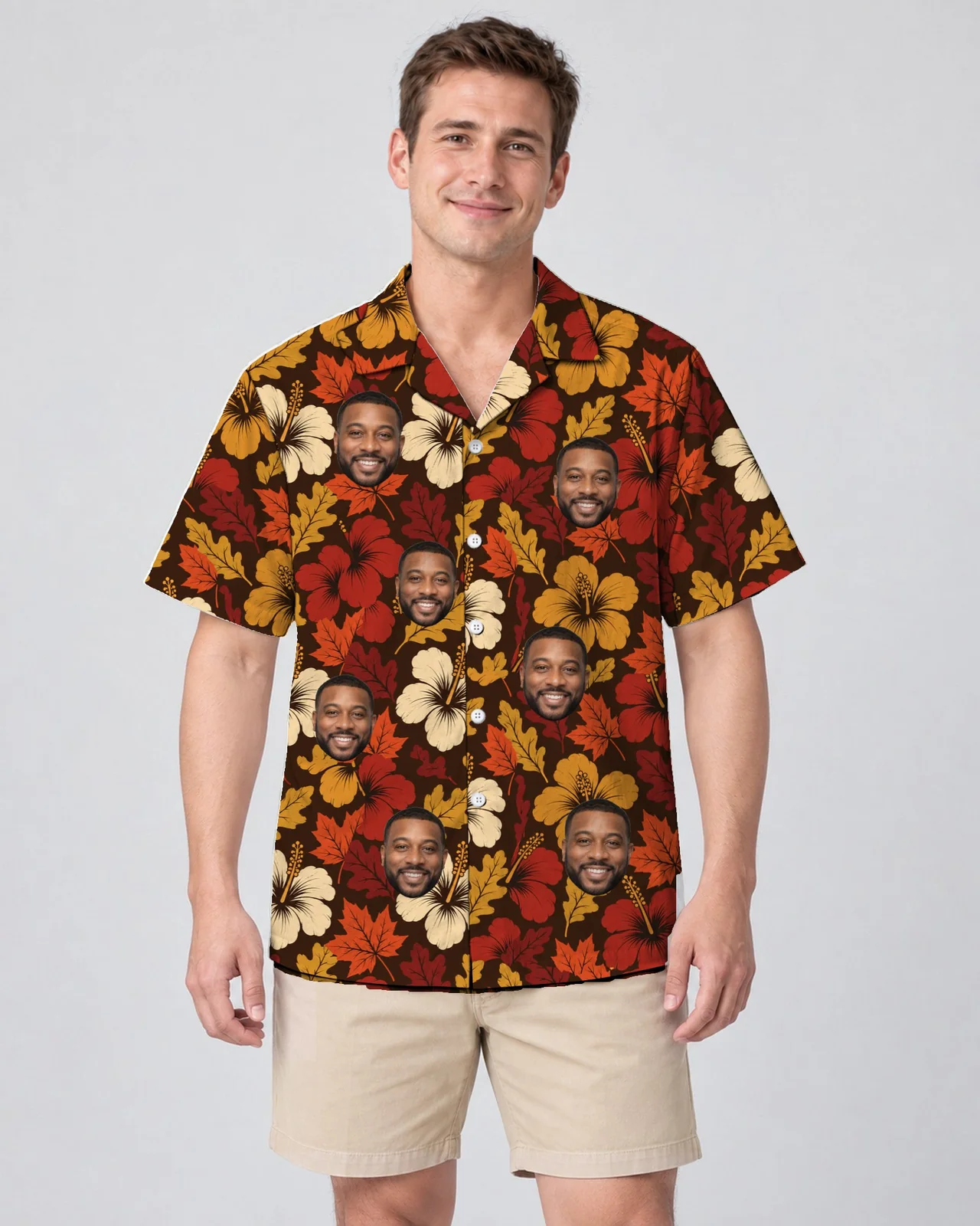 Man wearing the Autumn Leaves Hibiscus Thanksgiving Hawaiian Shirt with custom faces Man wearing the Autumn Leaves Hibiscus Thanksgiving Hawaiian Shirt with custom faces