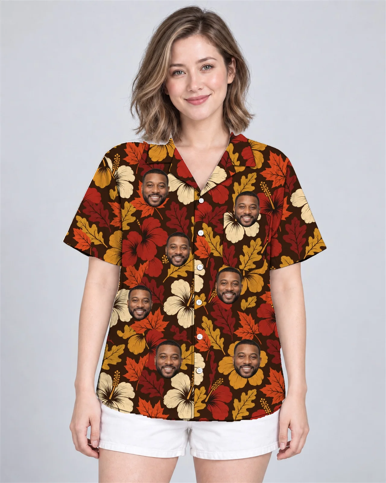 Woman wearing the Autumn Leaves Hibiscus Thanksgiving Hawaiian Shirt with custom faces Woman wearing the Autumn Leaves Hibiscus Thanksgiving Hawaiian Shirt with custom faces