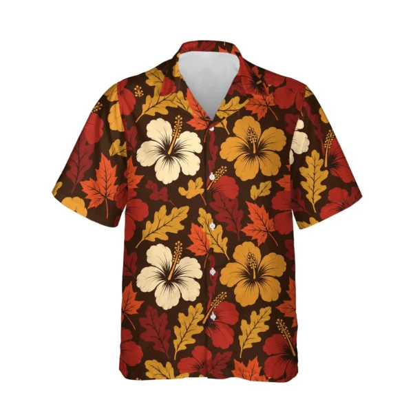 Autumn Leaves Hibiscus Thanksgiving Hawaiian Shirt, front view of the print