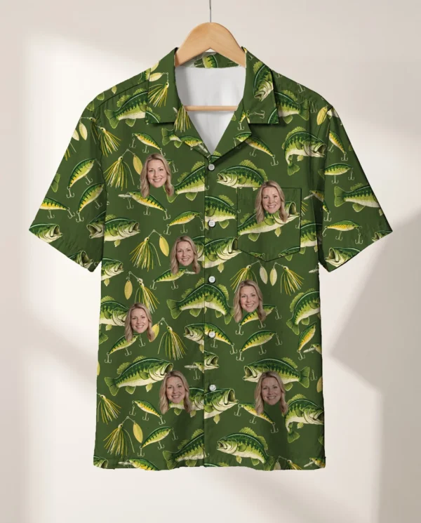 Bass & Lures Fishing Hawaiian Shirt personalized with faces, on a hanger