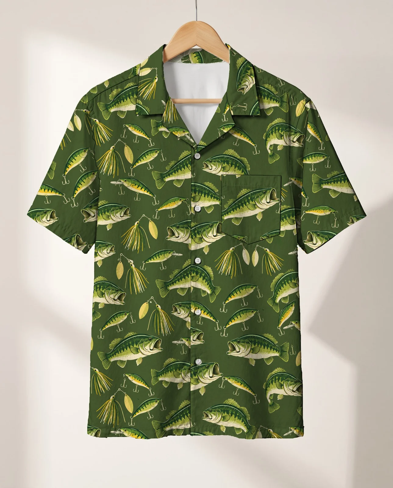 Bass & Lures Fishing Hawaiian Shirt on a hanger Bass & Lures Fishing Hawaiian Shirt on a hanger