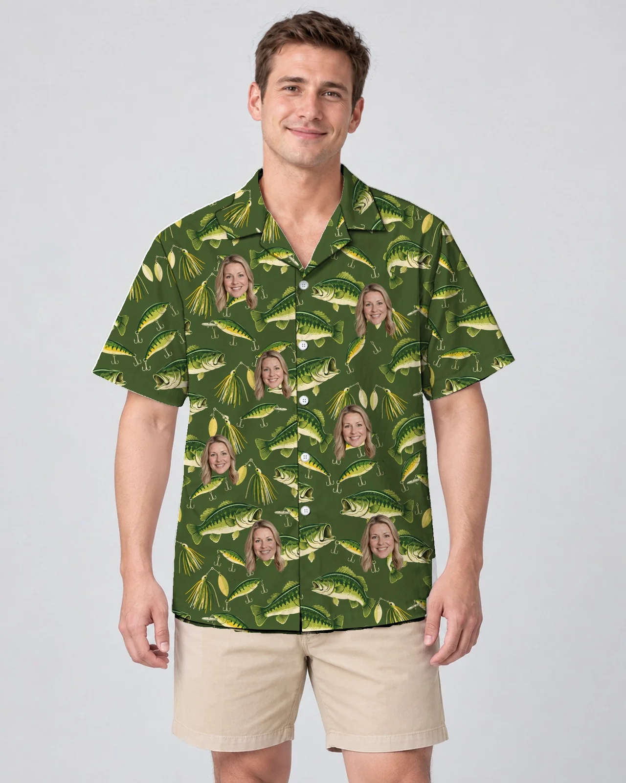 Man wearing the Bass & Lures Fishing Hawaiian Shirt with custom faces Man wearing the Bass & Lures Fishing Hawaiian Shirt with custom faces