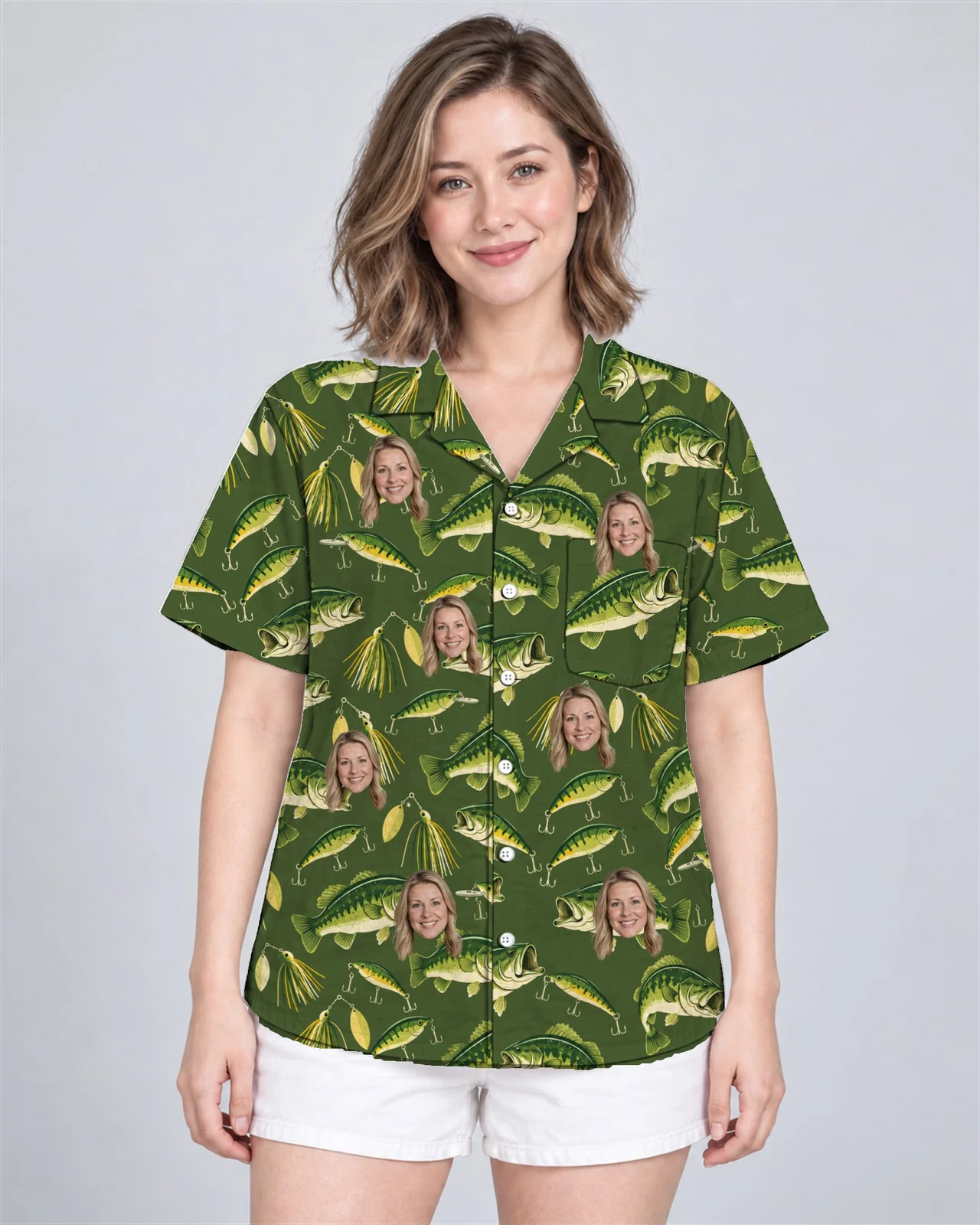 Woman wearing the Bass & Lures Fishing Hawaiian Shirt with custom faces Woman wearing the Bass & Lures Fishing Hawaiian Shirt with custom faces
