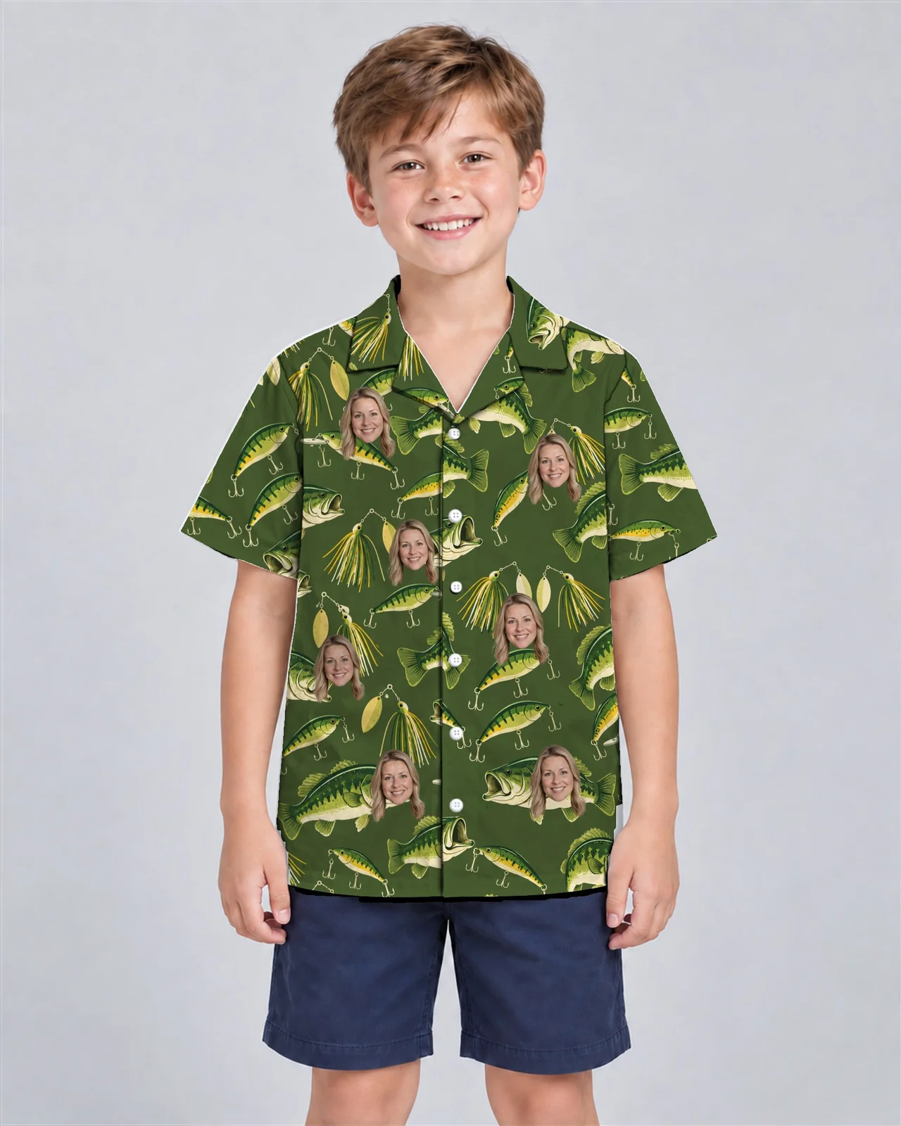 Kid wearing the Bass & Lures Fishing Hawaiian Shirt with custom faces Kid wearing the Bass & Lures Fishing Hawaiian Shirt with custom faces