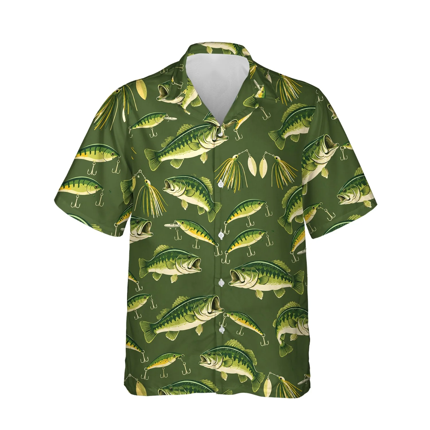 Bass & Lures Fishing Hawaiian Shirt, front view of the print Bass & Lures Fishing Hawaiian Shirt, front view of the print