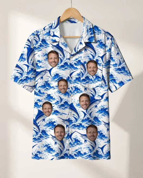 Blue Marlin Fishing Hawaiian Shirt personalized with faces, on a hanger