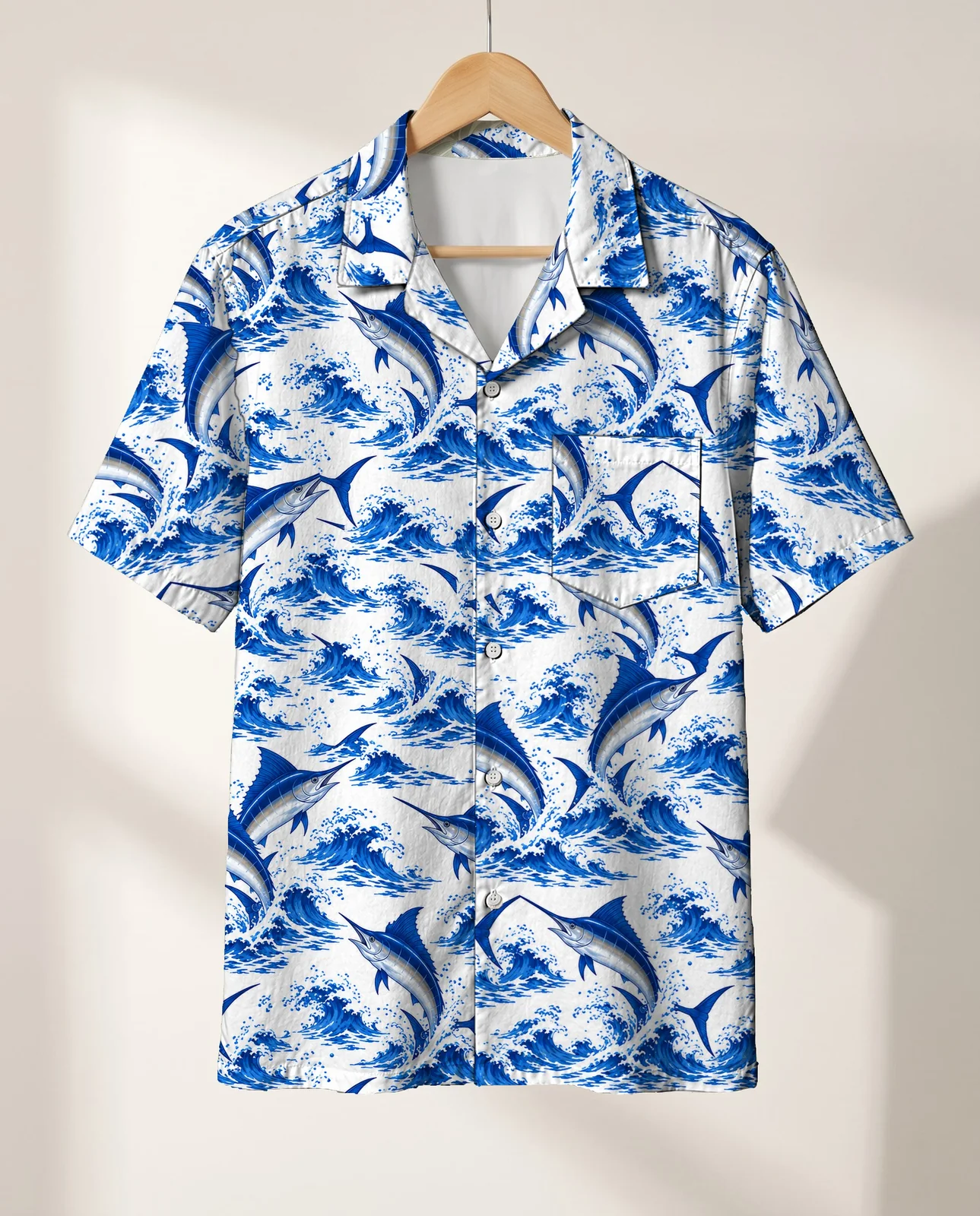 Blue Marlin Fishing Hawaiian Shirt on a hanger Blue Marlin Fishing Hawaiian Shirt on a hanger