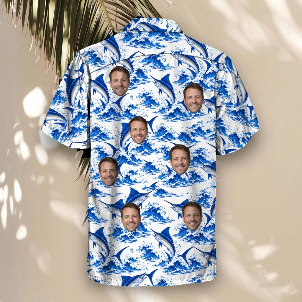 Back of the Blue Marlin Fishing Hawaiian Shirt with custom faces Back of the Blue Marlin Fishing Hawaiian Shirt with custom faces