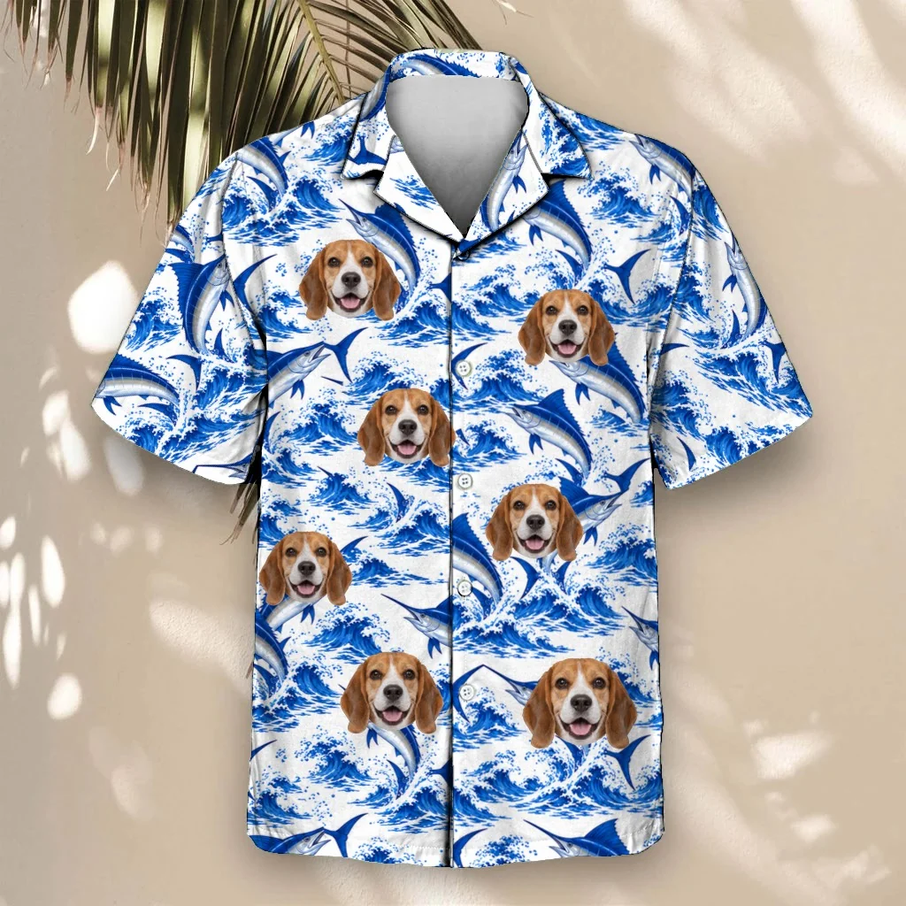 Blue Marlin Fishing Hawaiian Shirt with custom pet faces Blue Marlin Fishing Hawaiian Shirt with custom pet faces