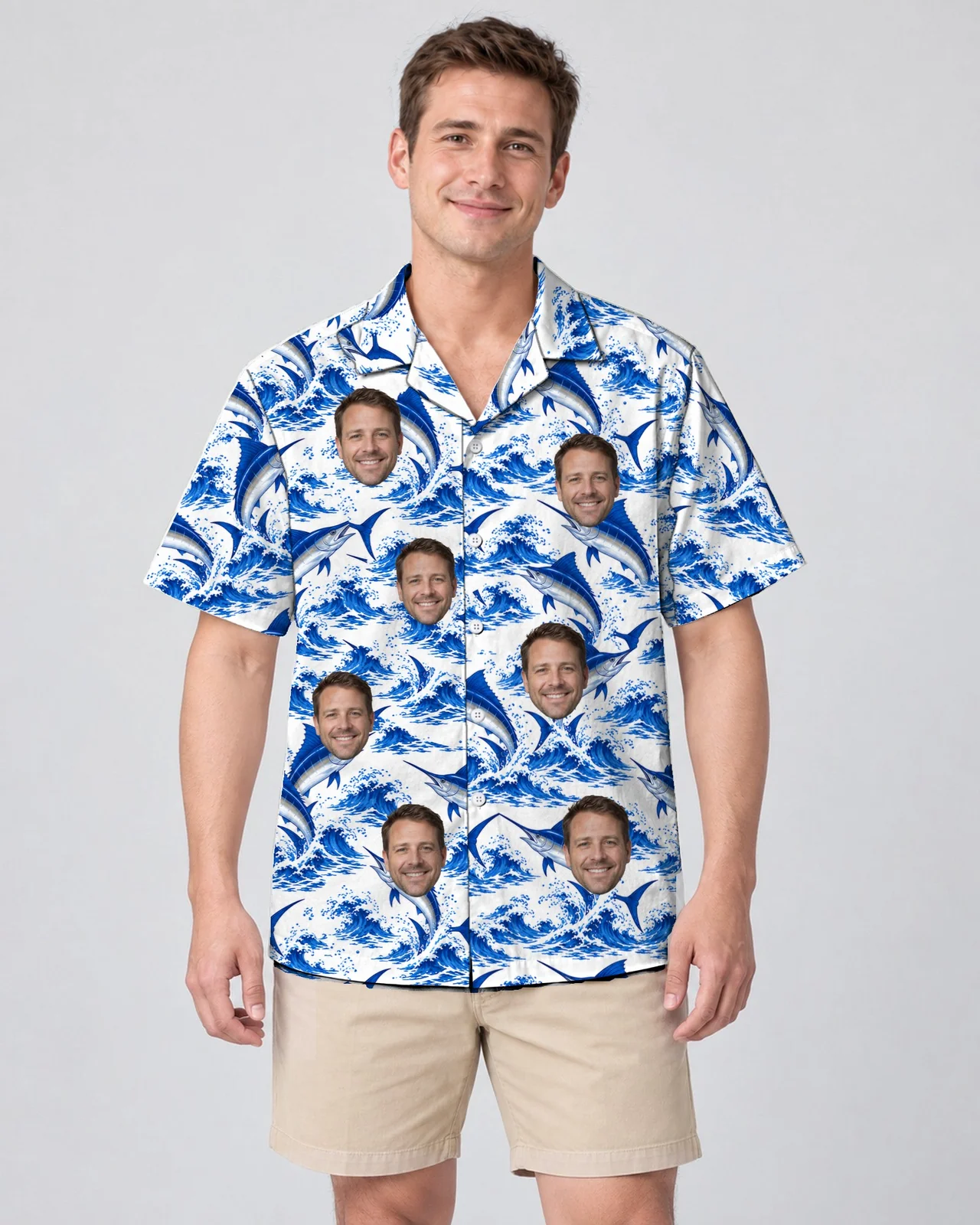 Man wearing the Blue Marlin Fishing Hawaiian Shirt with custom faces Man wearing the Blue Marlin Fishing Hawaiian Shirt with custom faces