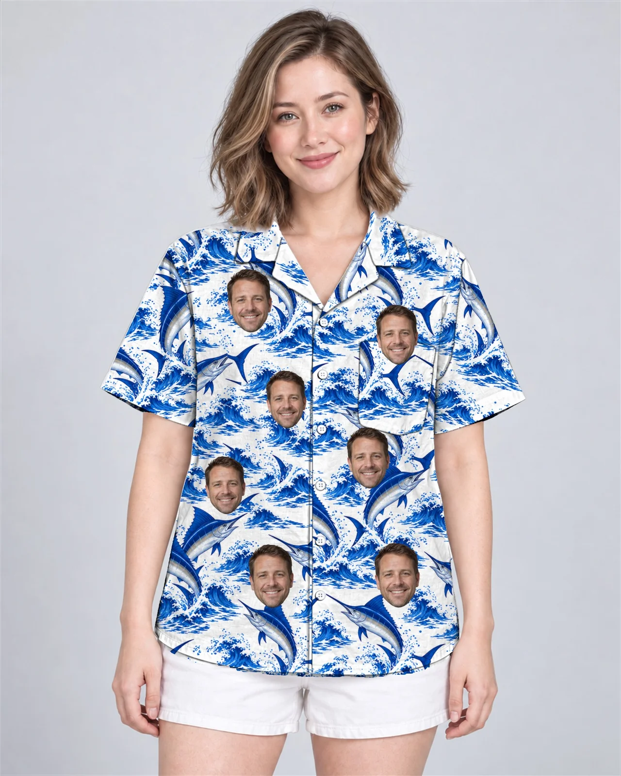 Woman wearing the Blue Marlin Fishing Hawaiian Shirt with custom faces Woman wearing the Blue Marlin Fishing Hawaiian Shirt with custom faces