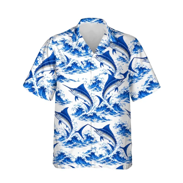 Blue Marlin Fishing Hawaiian Shirt, front view of the print