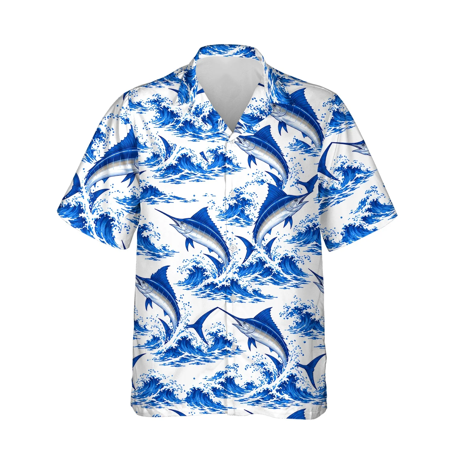 Blue Marlin Fishing Hawaiian Shirt, front view of the print Blue Marlin Fishing Hawaiian Shirt, front view of the print
