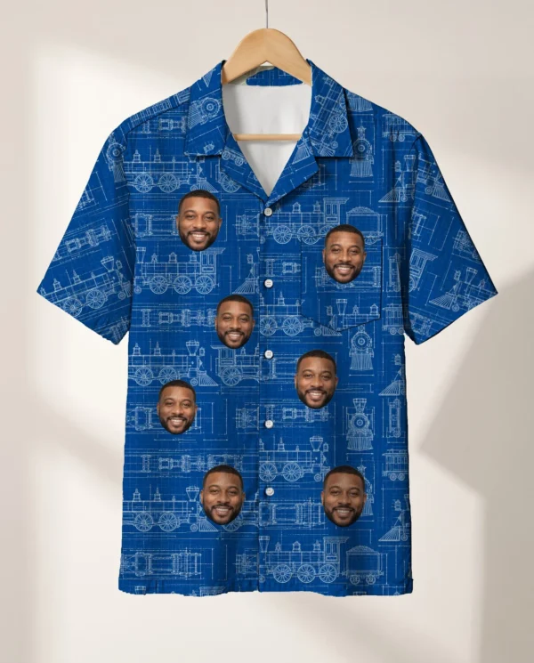 Blueprint Locomotive Train Hawaiian Shirt personalized with faces, on a hanger