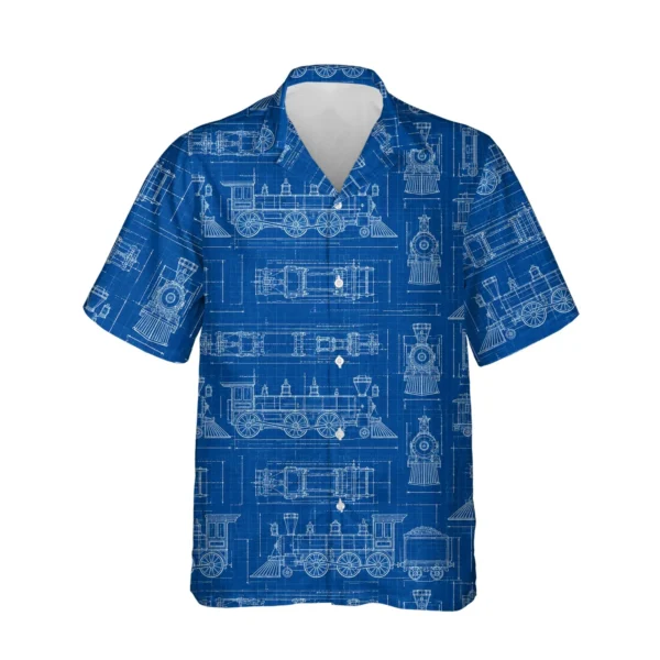 Blueprint Locomotive Train Hawaiian Shirt, front view of the print