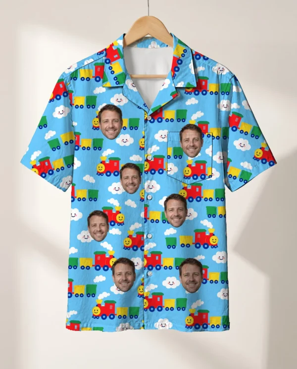 Cartoon Choo-Choo Train Hawaiian Shirt personalized with faces, on a hanger