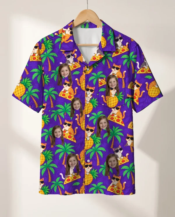 Cats in Shades Ugly Hawaiian Shirt personalized with faces, on a hanger
