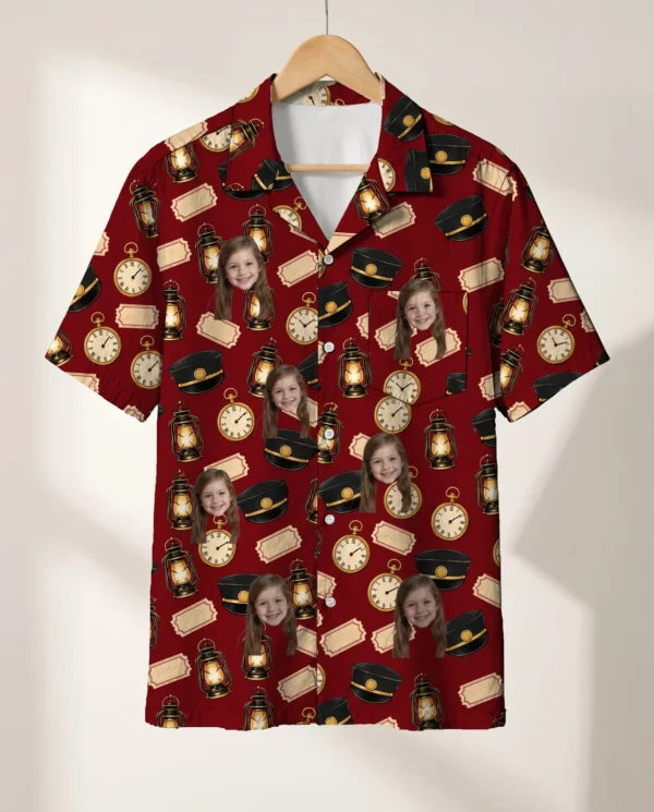 Conductor Cap & Lantern Train Hawaiian Shirt personalized with faces, on a hanger