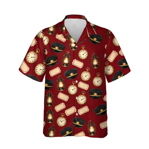 Conductor Cap & Lantern Train Hawaiian Shirt, front view of the print
