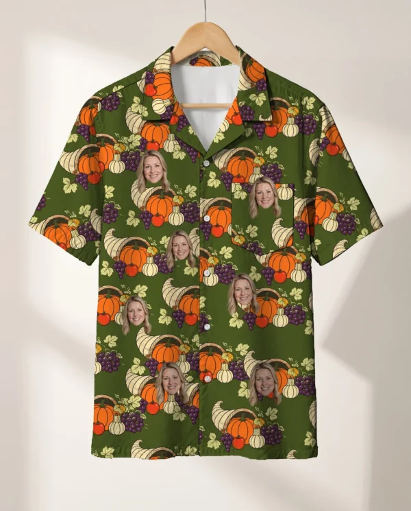 Cornucopia Harvest Thanksgiving Hawaiian Shirt personalized with faces, on a hanger